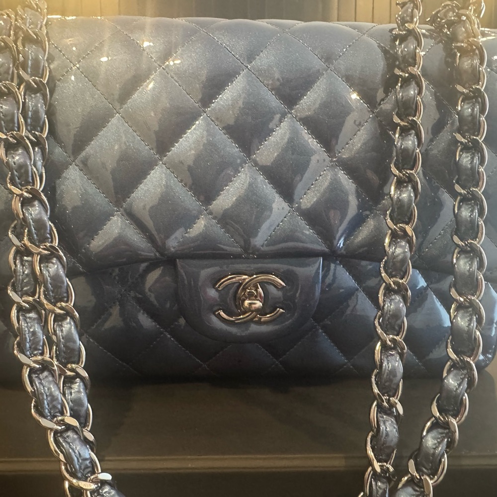 Chanel Blue Iridescent Patent Jumbo Classic Double Flap